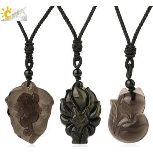 CSJA Natural Stone Obsidian Necklace for Men Carved Nine-tailed Fox Lucky Animal Pendant Amulet Women Fashion Jewelry Gifts G364