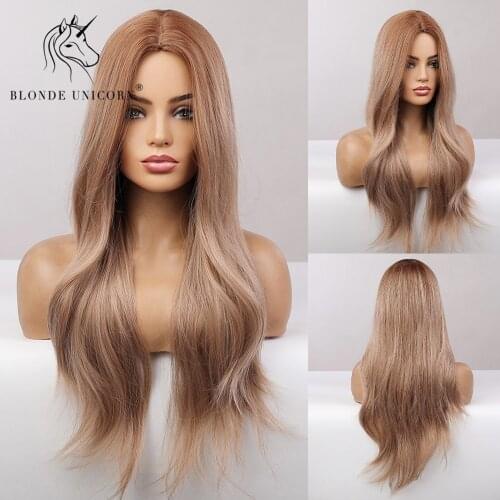 BLONDE UNICORN Long Wavy Hair Wig Ombre Light Brown Blonde Daily Natural Synthetic Wig for Women Heat Resistant Fiber Daily Use