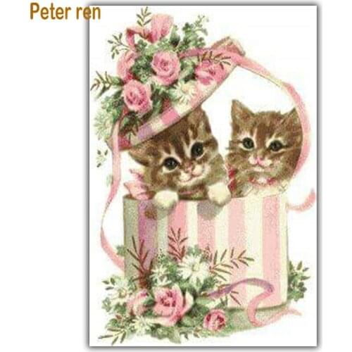 Peter ren Diamond painting cross stitch diamond embroidery Cartoon Square/Round diamond Mosaic Rhinestone Two kittens, rose hats