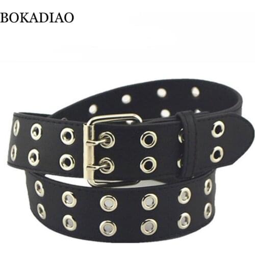 BOKADIAO Men PU leather belt Punk Rock double Pin buckle casual jeans Belts for Women luxury waistband female strap high quality