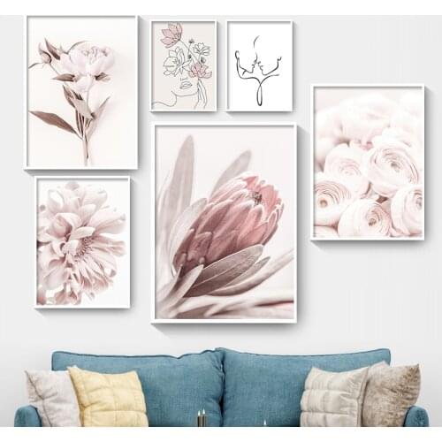 Nordic Love Poster Elegant Pink Peony Imperial Chrysanthemum Canvas Painting Figure Line Drawing Wall Art Print Picture Unframed