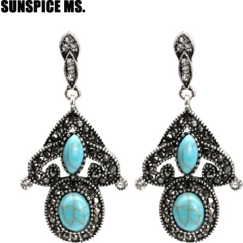SUNSPICE MS Vintage Turkish Women Green Natural Stone Long Drop Earrings Antique Silver Color Ethnic Bohemia Bridal Jewelry Gift