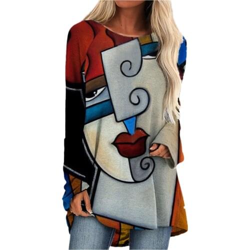 Vintage Abstract Printed T-Shirt Spring Autumn Women Long Sleeve Face Print T Shirt Tops Oversize Elegant O-Neck Irregular Tee