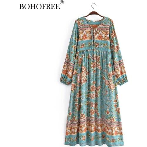 Boho Vinatge Long Sleeve Rayon Cotton Tunic Dress Long Sleeve Floral Print Vestidos maxi Hippie Autumn Vestidos