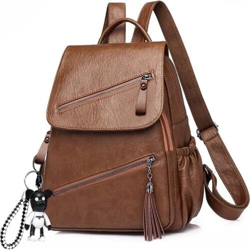Vintage Tassel Pu Leather Multi-zip Clamshell Women Backpacks High Quality Soft School Bags High Capacity Designer Travel Bags