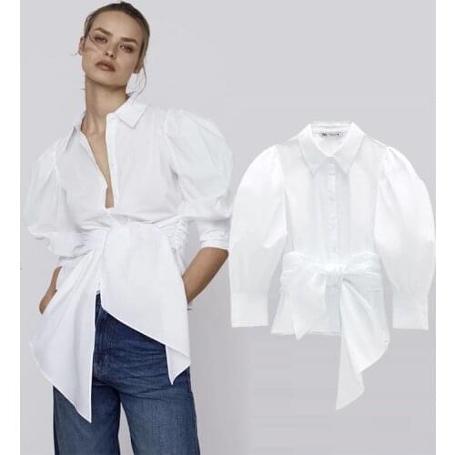 Za women Casual Shirts New Elegant Temperament Long puff sleeve Loose Poplin Shirt With Lace All-match Tops CS2258