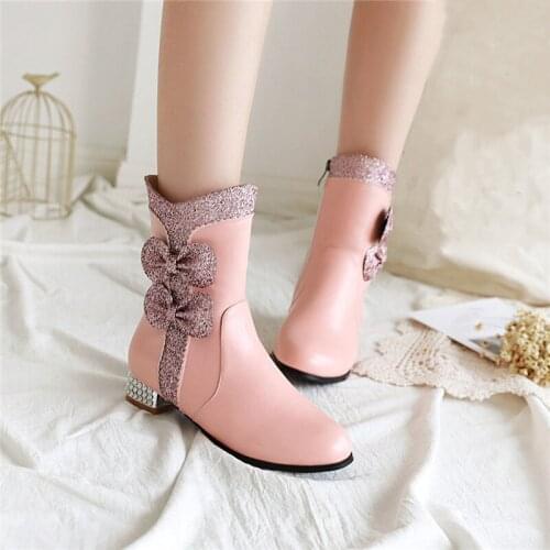 YMECHIC Plus Size Bling Glitter Bowtie Chunky Heels Ankle Boots Female Lolita Shoes Autumn 2019 Lovely Sweet Ankle Womens Boots