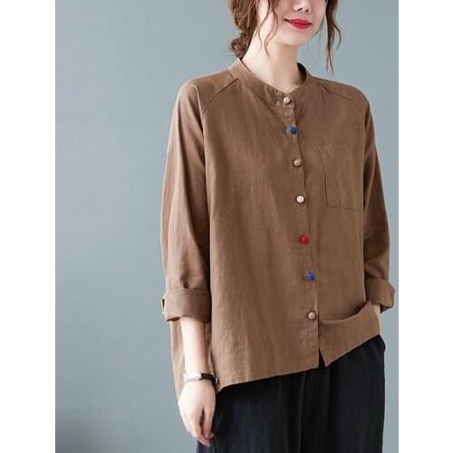 Women Long Sleeve Casual Shirts New Arrival 2021 Autumn Vintage Style Solid Color Loose Female Cotton Linen Tops B949