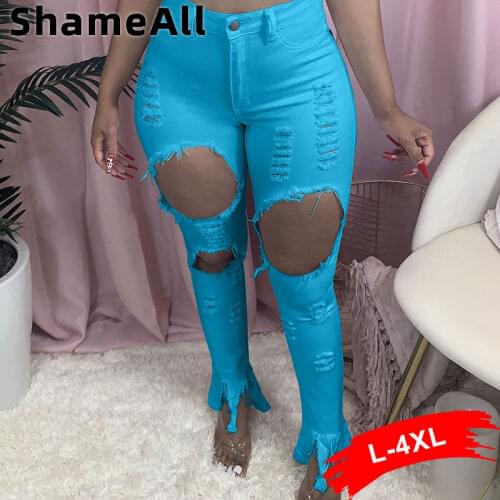 Plus Size High Waist Sexy Torn Holes Ripped Jeans for Women 4XL Fall Stretchy Skinny Denim Pencil Pant Street Hollow Trouser Y2K