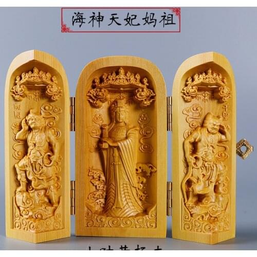 Bless family Safety Health luck Talisman home efficacious Protection Sea Goddess Meizhou Mazu wood Carving statue small niche