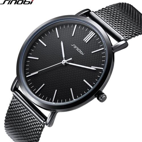 SINOBI Classic Casual Men Watches Black Mesh Stainless Steel/Leather Relogio Masculino Japanese Quartz Movement Montre Homme