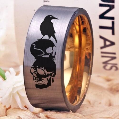 Men Odin Raven with Skull Ring 10mm Mens Tungsten Rings for Gift Women Ring Wedding Bands Ring Matte Finished Comfort Fit