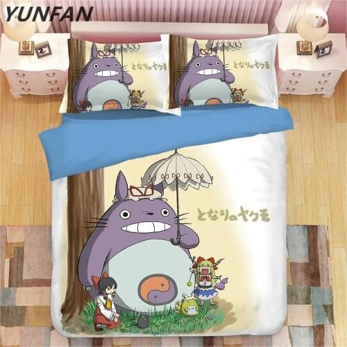 Lovely Totoro Bedding Set Kids Colorful Cartoon Duvet Cover Set Umbrella Print Quilt Cover King Queen Bedclothes Pillowcase 3Pcs