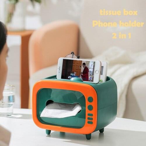 Retro ABS Television Model 2 In1 Tissue Box Phone Holder Dispenser Storage Napkin Case Organizer