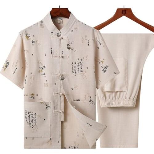 Classic Men Embroidery Wushu Clothing Vintage Short Sleeve Taichi Uniform Summer Cotton Male Tang Suit Causal Dragon Shirt 3XL