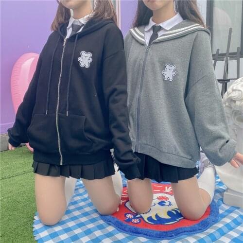 Sweet Womens Hooded Coat Long Sleeve Jacket Cute Bear Sailor Collar Girl Fit Fall Autumn Tops Colors Black Gray