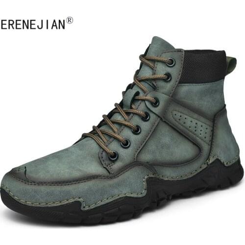 ERENEJIAN Mens Outdoor Ankle Boots Genuine Leather Hiking Trekking Shoes High Top Soft Comfortable Botas Sneakers Footwear