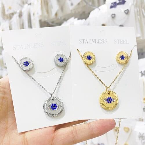 Stainless steel Set Turkish Crystal Evil Eyes Pendant Necklace For Womens Jewelry Gold Color Clavicle Chains Necklaces Earrings