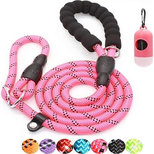 Nylon Dog Leash 150 cm Durable Pet Dog Leashes Night Reflective Dog Rope Leash with Comfortable Handle Poop Bags and Dispenser