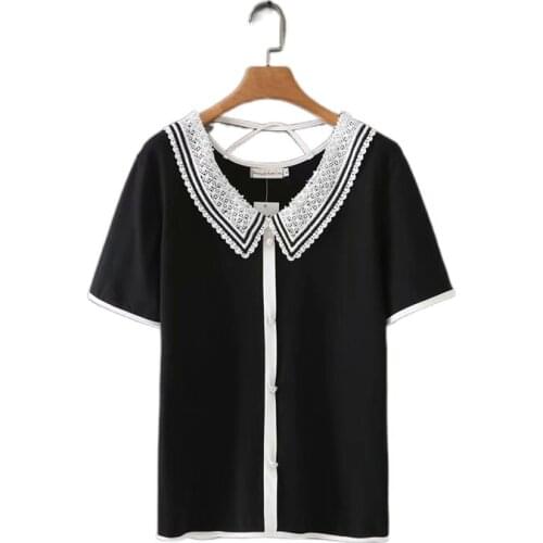 Plus Size Womens White Black False Button Summer Crochet Tshirts Short Sleeve Striped Tops Oversized Slim Shirts
