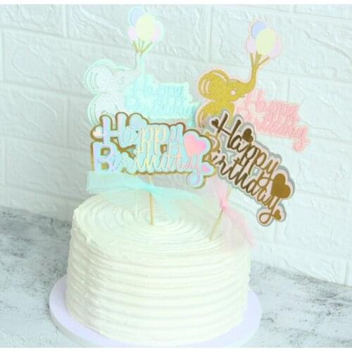 2021 New Elephant Happy Birthday Cake Topper Pink Blue Birthday Cupcake Topper Supplies for Baby Birthday Party Cake Decorations