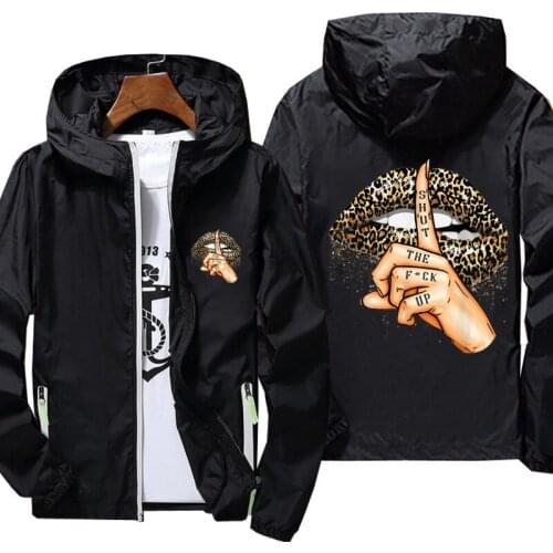 Casual Lips Leopard Graphic Jacket Spring Autumn reflective zipper Windbreaker waterproof Jackets men street Hooded thin Coats