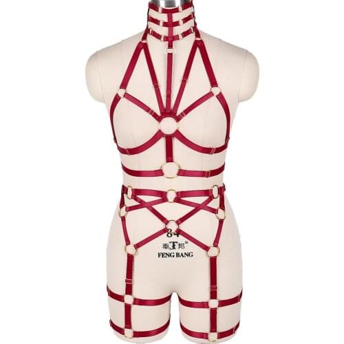 Hollow Out Stockings Set Sexy Harness Bra Body Harness Garter Belt Goth Party Rave Wear Bdsm Erotic Lingerie Womens Underwear