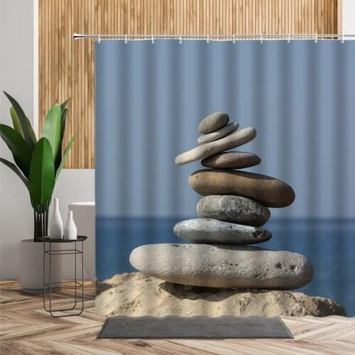 Round Stone Bathroom Shower Curtain Cobblestone Bath Curtains Natural Sea Scenery Home Decors Waterproof Douchegordijn 240X180cm