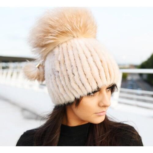 CX-C-56E Hot Sale Real Fur Hat for Women Winter Knitted Mink Fur Beanies Cap with Fox Fur 2018 New Thick Female
