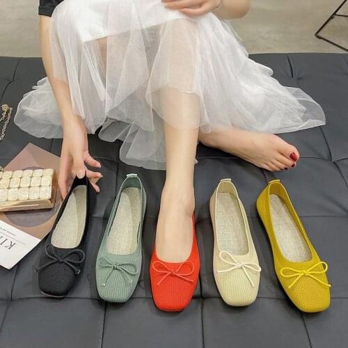 Llogai New Women Shoes Bowknot Flats Shoes Square Head Knitted Shoes Tide Girl Peas Shoes Female Ballet Shoes Mocassin Femme