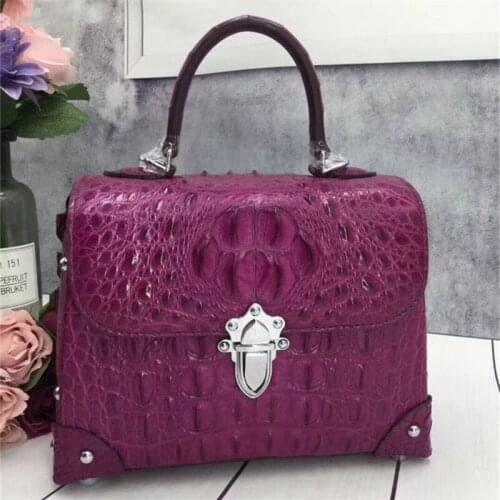Fashion CHIC Designer Genuine Crocodile Leather Womens Small Plum Purse Real Alligator Skin Ladies Female Black Studs Handbag