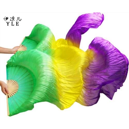 100% Silk Handmade Dyed High Quality Silk Belly Dance Fans Bamboo Ribs Long Silk Dance Fans 1 Pair Green+Yellow+Purple 180*90 cm