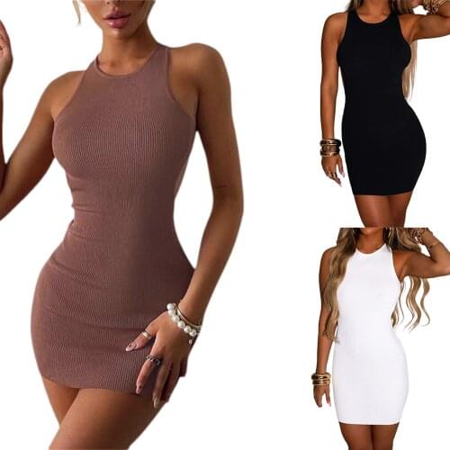 2021 Women’s Casual Sleeveless Short Dress Fashion Solid Color Backless Knitted Tight Dress