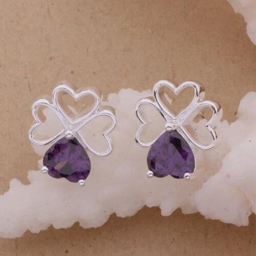 AE559 Hot sterling earrings , fashion jewelry , four hearts with purple stone /cpualhba azwajrda silver color