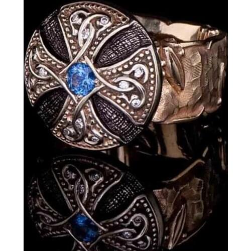 Antique Brass Color Ring Finger Accessories Mens Ring Blue Stone Setting Engraved Pattern Ring Engagement Gifts