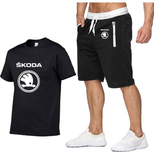 Mens Short sleeve Skoda Car Logo Summer Mens t Shirt Hip Hop Harajuku T-Shirt high quality Cotton T Shirts pants suit Sportswear