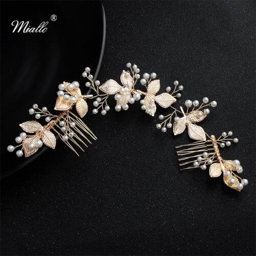 Miallo Newest Gold Color Leaves Long Wedding Hair Comb Bridal Hair Accessories Jewelry Pearls Alloy Headpieces Hair Clips