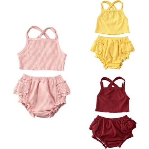 0-24M Summer Infant Baby Girls Boys Clothes Sets Ruffles Solid Sleeveless Belt Vest Tops+Shorts Outfit 3 Colors