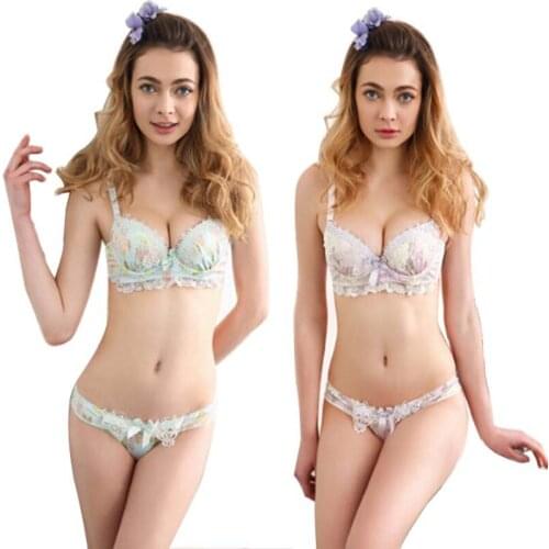 Fashion Chiffon Floral Adjustable Bra Set Sexy Lingerie Push Up Deep V Lace Underwear Set Women A B C Cup