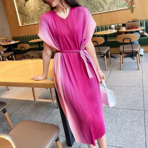 Summer Miyak Pleated Fashiom womens dresses Loose Gradient short-sleeved plus size dress With Belt