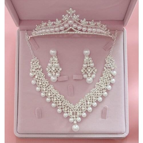 Magnificent Pearl Wedding Bridal Jewelry Sets Women Bride Wedding Party Jewelry Accessories Crystal Tiara Crown Earring Necklace