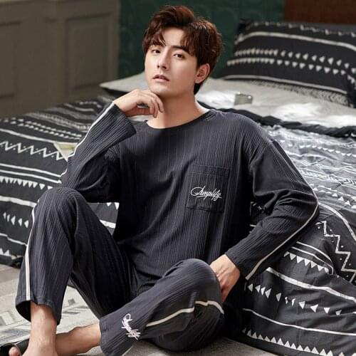 Mens Cotton Pajamas Mens Long Sleeve Cotton Large Size Loose Casual Home Wear Suit Pajama Men