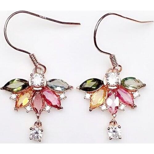 Natural real colorful tourmaline flower drop earring 925 sterling silver 3*6mm 0.25ct*10pcs gemstone Fine jewelry X21976