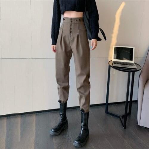 Woolen Women Winter Pants Thick Warm Single-breasted Vintage Autumn Trousers Ankle Length Cargo Harem Pant For Women Pants 2021