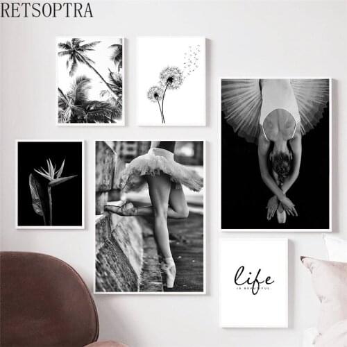 Modern Black and White Plant Leaves Dandelion Ballet Girl Coconut Tree Wall Art Poster Print Decorative Canvas Painting