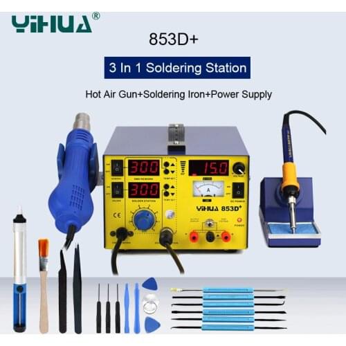 YIHUA 853D+ High Power Hot Air Desoldering Station+Soldering Iron+15V3A Regulated Power Supply Phone Repair Soldering Station