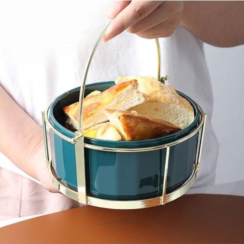 Simple Art Luxury Ceramic Handle Fruit Snack Plate Home Dark Green Phnom Penh Grid Plate Snack Dried Fruit Plate with Iron Shelf