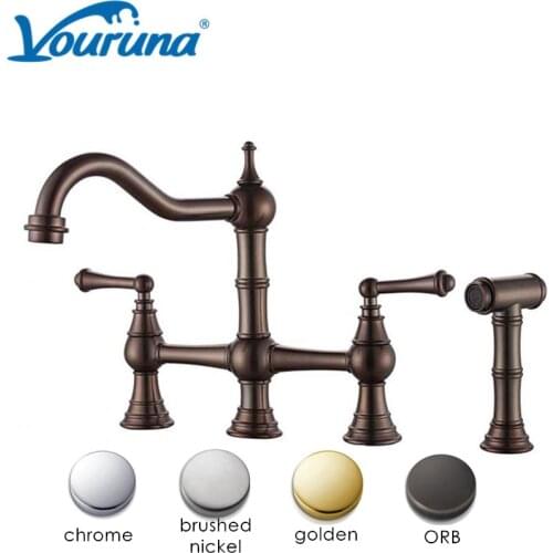 Vouruna Premium Golden Bridge Kitchen Faucet With Pullout Sidespray Chrome/Brushed Nickel/Antique Brown Sink Mixer Tap