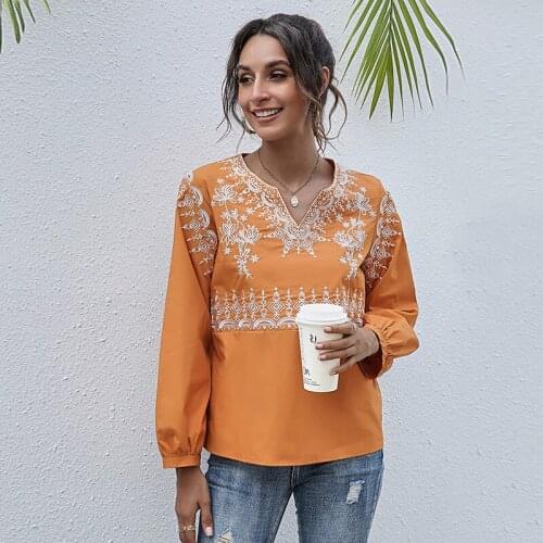 Women V Neck Long Sleeve Blouse Floral Embroidery Autumn Cotton Linen Shirt Tops
