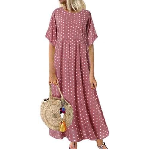 Fashion Women Sundress Vintage O-Neck Long Maxi Dress Female Casual Dot Pinted Summer Beach Dress Boho Dresses Vestidos Robe